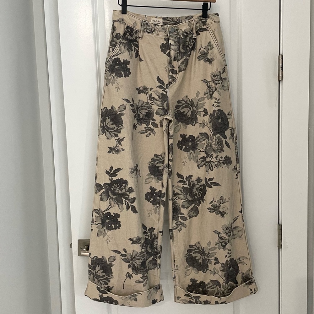 Anthropologie Leon Double Hem High-Rise Wide-Leg Cuffed Jeans Pilcro: Floral L14 - Picture 2 of 10